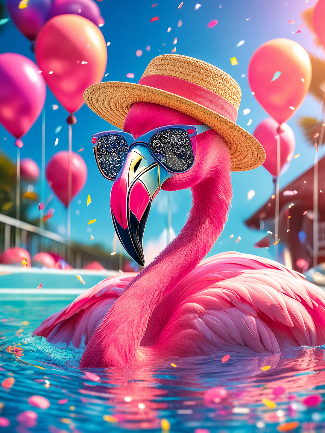 Pinker Flamingo mit Strohhut und Sonnenbrille