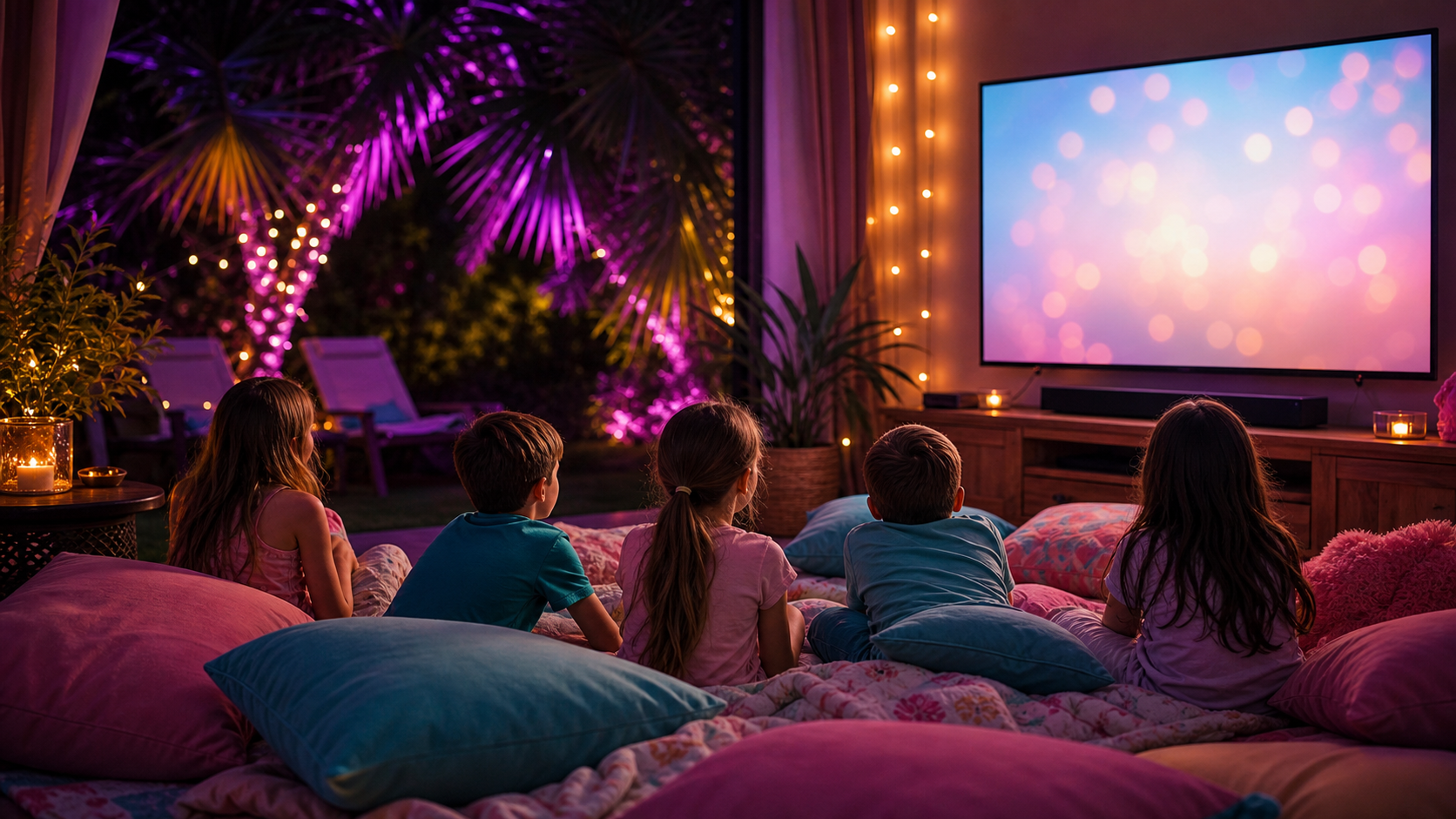 Kinder sitzen abends gemütlich auf Kissen vor dem Fernseher