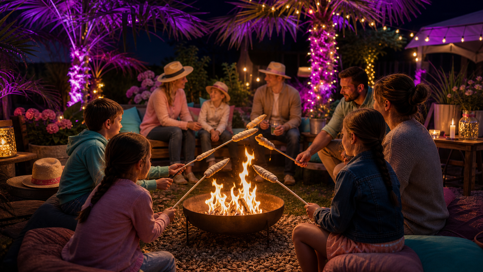 Gemütliches Lagerfeuer mit Stockbrot im Garten